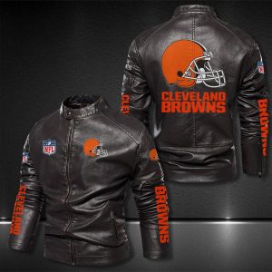 Cleveland Browns Motor Collar Leather Jacket For Biker Racer