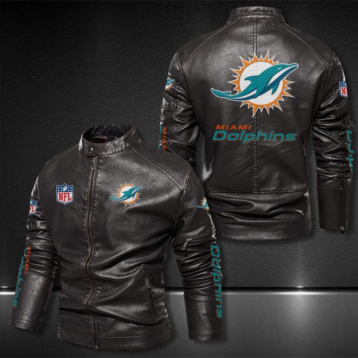 Miami Dolphins Motor Collar Leather Jacket For Biker Racer