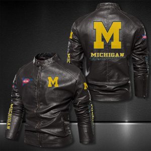 Michigan Wolverines Motor Collar Leather Jacket For Biker Racer
