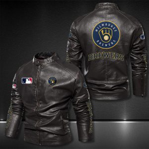 Milwaukee Brewers Motor Collar Leather Jacket For Biker Racer