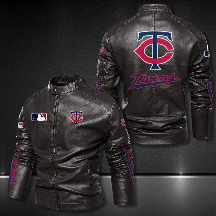 Minnesota Twins Motor Collar Leather Jacket For Biker Racer