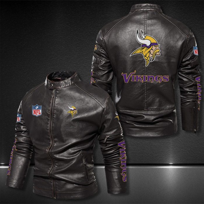 Minnesota Vikings Motor Collar Leather Jacket For Biker Racer