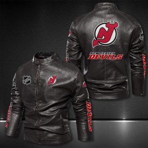 New Jersey Devils Motor Collar Leather Jacket For Biker Racer