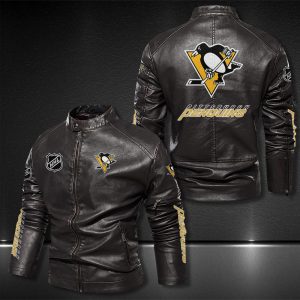 Pittsburgh Penguins Motor Collar Leather Jacket For Biker Racer