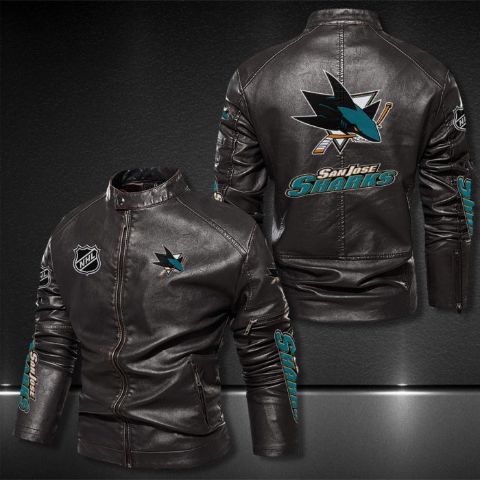 San Jose Sharks Motor Collar Leather Jacket For Biker Racer