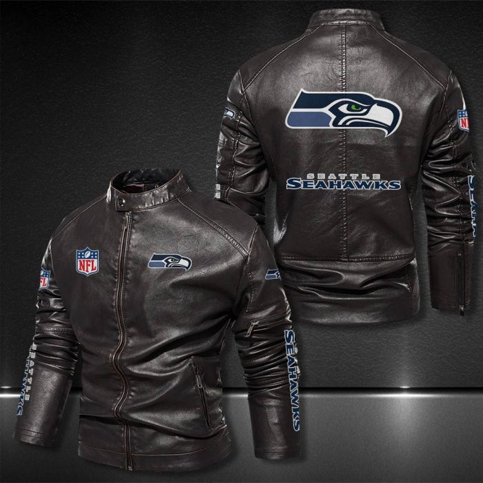 Seattle Seahawks Motor Collar Leather Jacket For Biker Racer