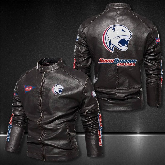 South Alabama Jaguars Motor Collar Leather Jacket For Biker Racer