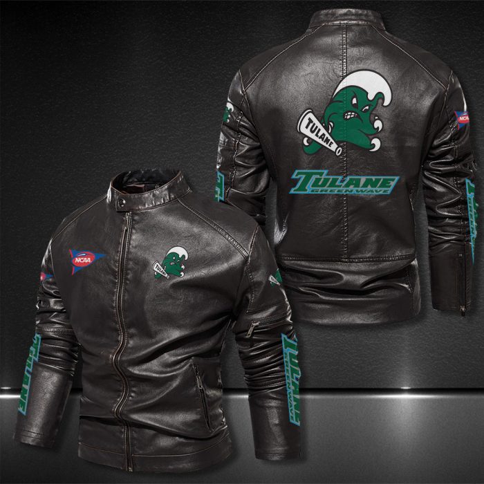 Tulane Green Wave Motor Collar Leather Jacket For Biker Racer