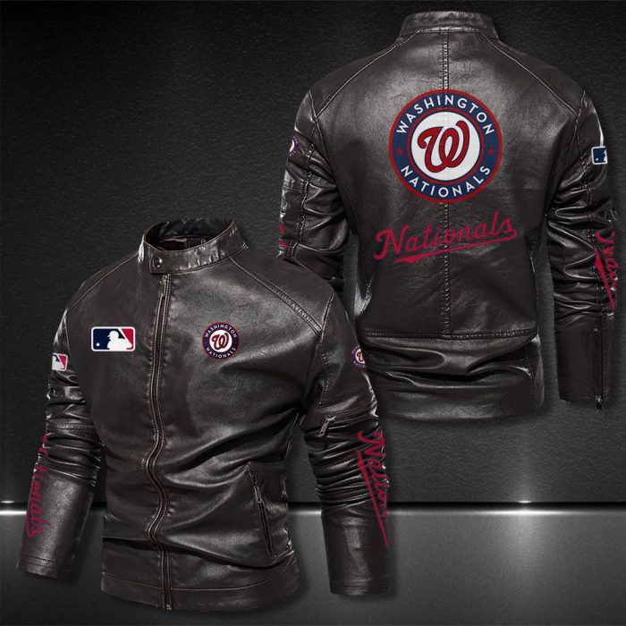 Washington Nationals Motor Collar Leather Jacket For Biker Racer