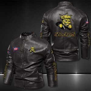 Wichita State Shockers Motor Collar Leather Jacket For Biker Racer