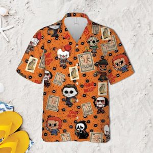 Chibi Horror Characters Hawaiian Shirt - Hawaiian Shirt For Women Men - Freddy Jason Michael Pennywise Chucky Halloween Aloha Shirt