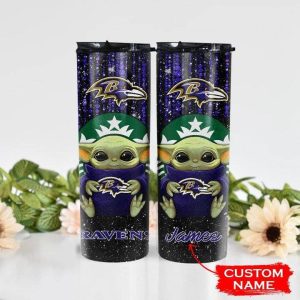 Custom Name NFL Baltimore Ravens Baby Yoda Glitter Tumbler TB1499