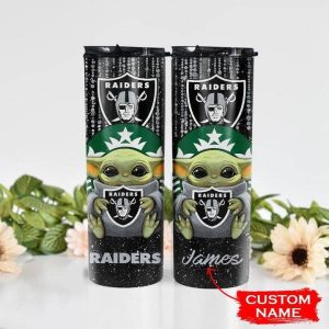 Custom Name NFL Las Vegas Raiders Baby Yoda Glitter Tumbler TB1457