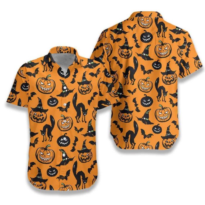 Halloween Black Cat Pumpkin And Bat Orange Hawaiian Shirt - Hawaiian Shirt For Women Men - Hawaiian Shirt Custom - HW028