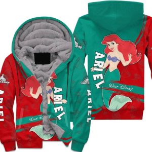 Ariel Mermaid Green Red Pattern Stripes Disney Fleece Pullover Zipped Up Unisex Hoodie