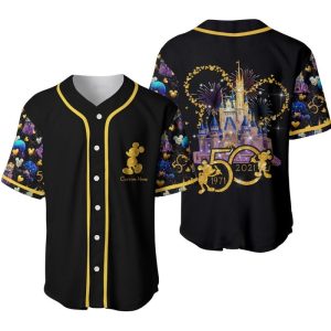 Disney 50th Anniversary Mickey Mouse Black Rainbow Unisex Cartoon Graphic Casual Outfit Custom Baseball Jersey