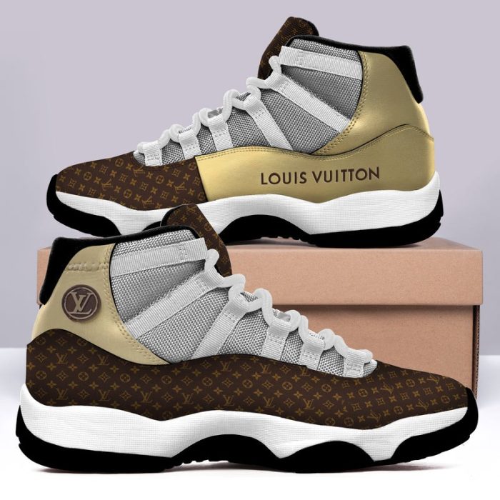 Louis Vuitton Brown Gold Air Jordan 11 Custom Sneakers Shoes JD110240