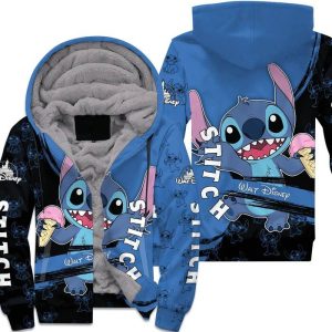 Stitch Blue Black Pattern Stripes Disney Fleece Pullover Zipped Up Unisex Hoodie