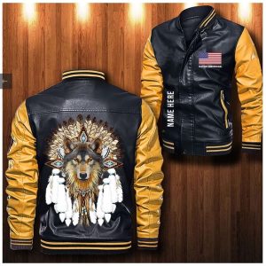 Native American Custom Personalized Leather Bomber Jacket CTLBJ140