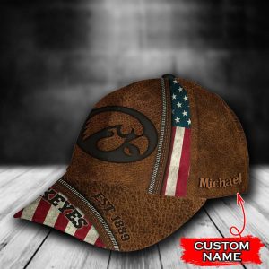 Personalized Iowa Hawkeyes USA Flag Zip Leather 3D Baseball Cap CGI1139