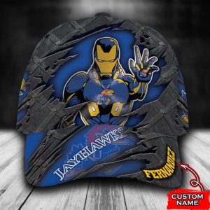 Personalized Kansas Jayhawks Iron Man Marvel 3D Baseball Cap - Blue CGI1117