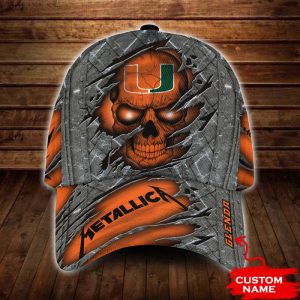 Personalized Miami Hurricanes Metallica Band Skull 3D Baseball Cap - Orange CGI1722