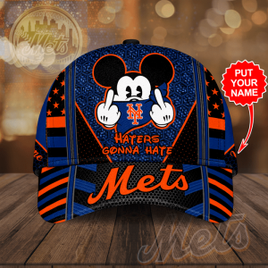 Personalized New York Mets Mickey Mouse Haters Gonna Hate 3D Baseball Cap - Black Neon Blue CGI2081