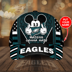 Personalized Philadelphia Eagles Mickey Mouse Haters Gonna Hate 3D Baseball Cap - Black Teal CGI2094