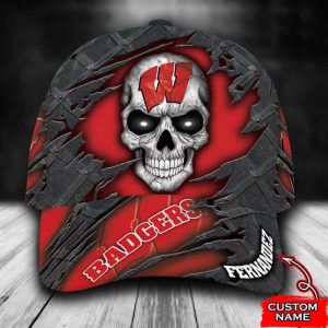 Personalized Wisconsin Badgers Skull 3D Baseball Cap - Red CGI1573