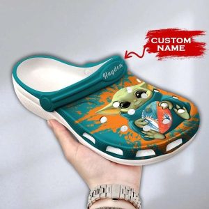 Baby Yoda Miami Dolphins Custom Name Crocs Crocband Clog Comfortable Water Shoes BCL0887