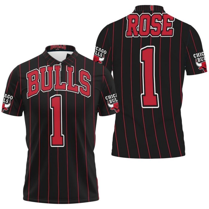 Chicago Bulls Derrick Rose 1 NBA Throwback Red Stripes Black Jersey Inspired Polo Shirt PLS2861