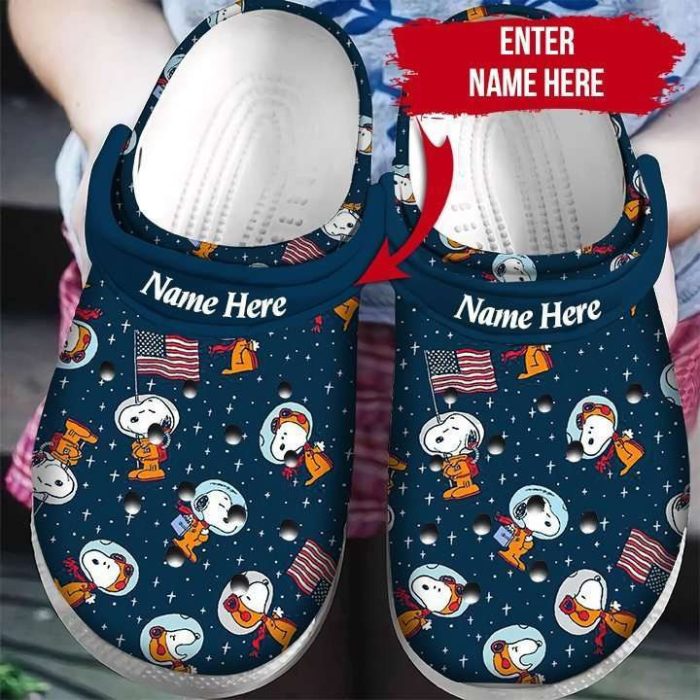 Custom Name Snoopy Astronaut USA Flag Puzzle Pieces Crocs Crocband Clog Shoes BCL1721