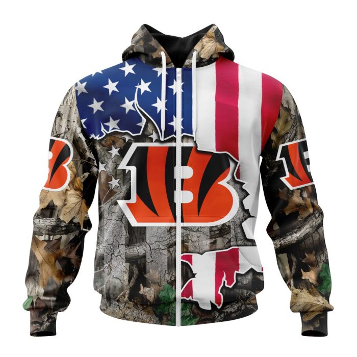 Customized NFL Cincinnati Bengals USA Flag Camo Realtree Hunting Unisex Zip Hoodie TZH0244