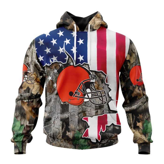 Customized NFL Cleveland Browns USA Flag Camo Realtree Hunting Unisex Hoodie TH0944