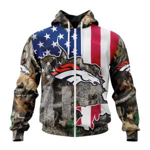Customized NFL Denver Broncos USA Flag Camo Realtree Hunting Unisex Zip Hoodie TZH0262