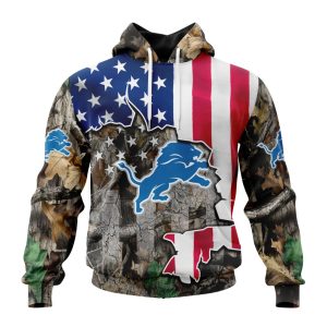 Customized NFL Detroit Lions USA Flag Camo Realtree Hunting Unisex Hoodie TH0962
