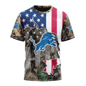Customized NFL Detroit Lions USA Flag Camo Realtree Hunting Unisex Tshirt TS2816