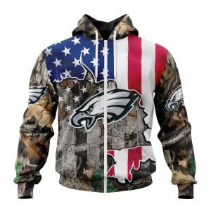 Customized NFL Philadelphia Eagles USA Flag Camo Realtree Hunting Unisex Zip Hoodie TZH0358