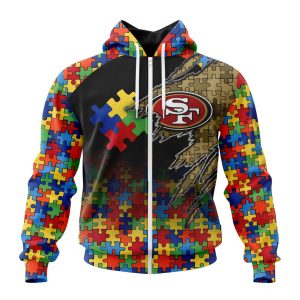Customized NFL San Francisco 49ers Autism Awareness Design Unisex Zip Hoodie TZH0365
