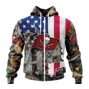 Customized NFL Tampa Bay Buccaneers USA Flag Camo Realtree Hunting Unisex Zip Hoodie TZH0382