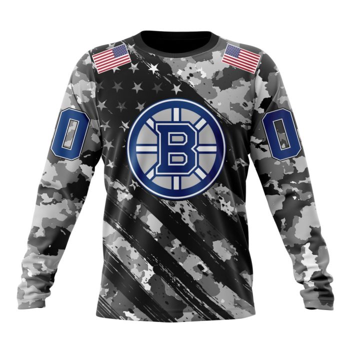 Customized NHL Boston Bruins Grey Camo Military Design And USA Flags On Shoulder Unisex Sweatshirt SWS1250