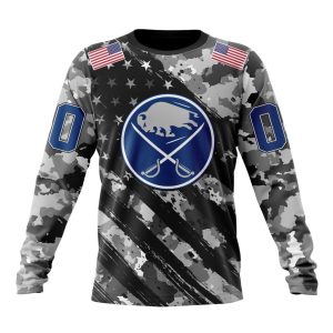 Customized NHL Buffalo Sabres Grey Camo Military Design And USA Flags On Shoulder Unisex Sweatshirt SWS1263