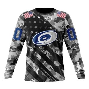 Customized NHL Carolina Hurricanes Grey Camo Military Design And USA Flags On Shoulder Unisex Sweatshirt SWS1288