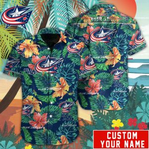 Customized NHL Columbus Blue Jackets Tropical Floral Hawaiian Button Shirt HWS0590
