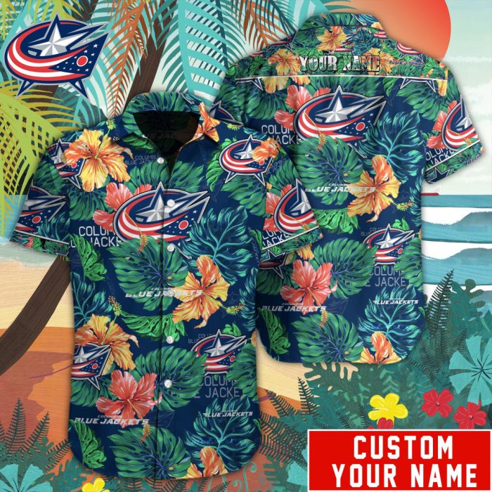 Customized NHL Columbus Blue Jackets Tropical Floral Hawaiian Button Shirt HWS0590