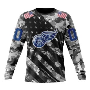 Customized NHL Detroit Red Wings Grey Camo Military Design And USA Flags On Shoulder Unisex Sweatshirt SWS1353