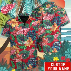 Customized NHL Detroit Red Wings Tropical Floral Hawaiian Button Shirt HWS0592