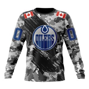 Customized NHL Edmonton Oilers Grey Camo Armed Forces Design And Canada Flags On Shoulder Unisex Sweatshirt SWS1366