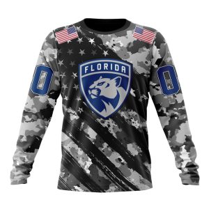 Customized NHL Florida Panthers Grey Camo Military Design And USA Flags On Shoulder Unisex Sweatshirt SWS1378