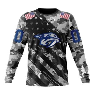 Customized NHL Nashville Predators Grey Camo Military Design And USA Flags On Shoulder Unisex Sweatshirt SWS1429